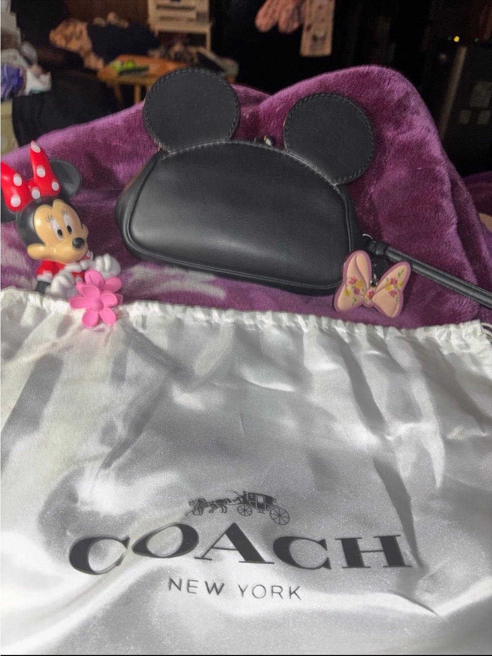 Coach Black Kiss lock Mickey Ear Crossbody Bag with Pink Bow Charm